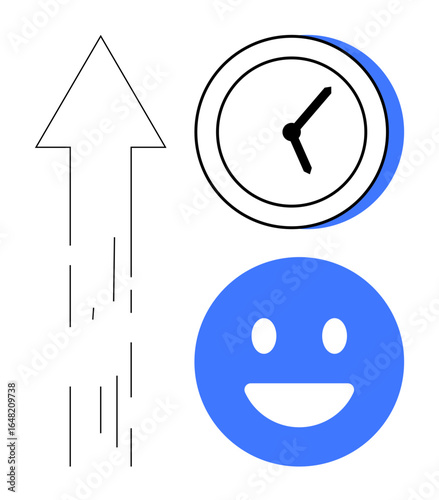 Upward arrow with clock and smiling face representing efficiency, progress, and positivity. Ideal for time management, productivity, success, motivation, growth, goals and simple landing page