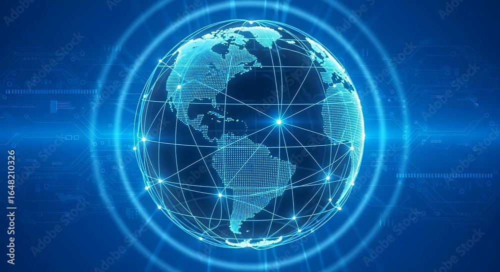 Obraz premium Luminous Digital Globe with Interconnected Network Grid on a Blue Circuit Background.