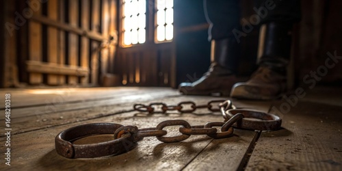 Chains rest ominously on the wooden floor of an old, dimly lit room in a forgotten building