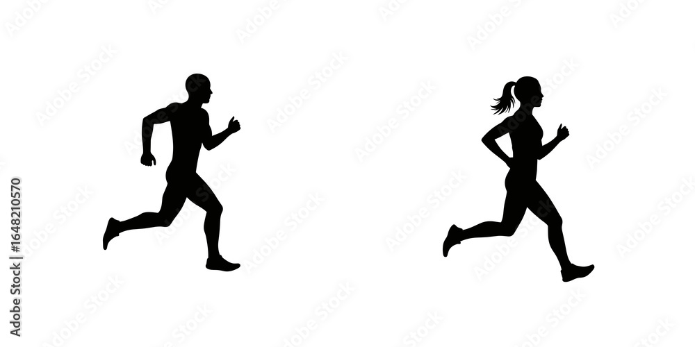 Obraz premium Man and Woman Silhouettes Running. Dynamic motion, transparent background. Fitness, sport, health, energy concept. For athletic branding, sports apps, health promotions