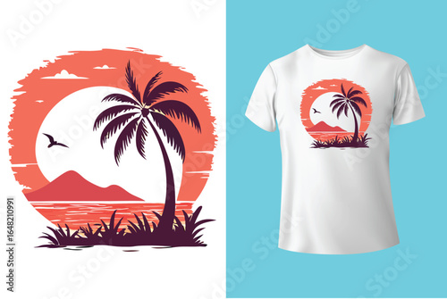 Colorful summer t-shirts on display at a vibrant store during sunny days.	