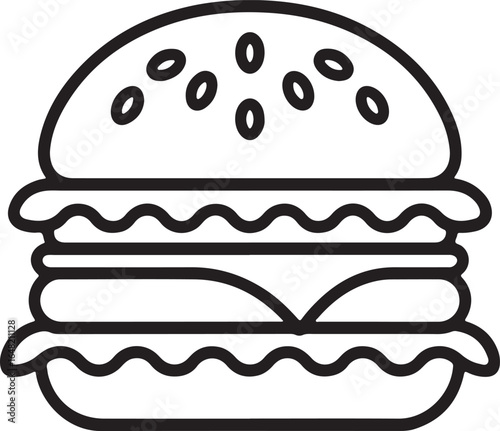 Classic Hamburger Line Art Icon Simple Black Outline with Sesame Seed Bun