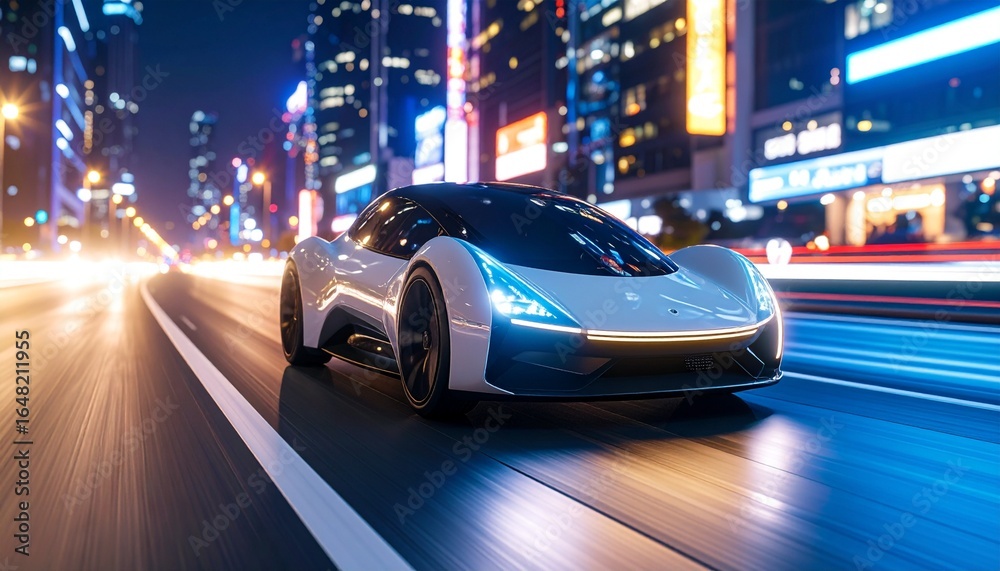 Fototapeta premium Futuristic Hovercar Racing through Cityscape