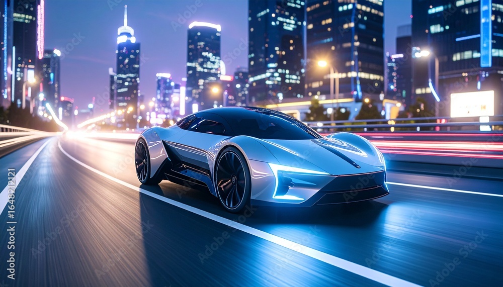 Fototapeta premium Futuristic Hovercar Racing through Cityscape