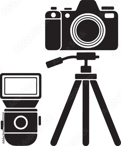 Photography equipment vector illustration featuring a DSLR camera on a tripod and a flash unit in a clean professional style suitable for creative projects