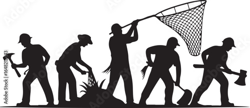 Silhouette of group of workers engaged in various manual labor tasks depicting hard work and community spirit with different tools