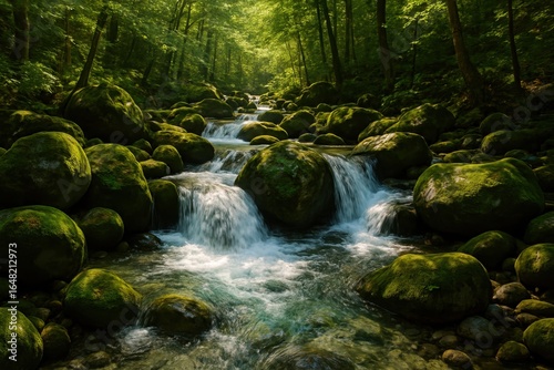 Mountain stream flowing through moss-covered rocks in dappled forest sunlight