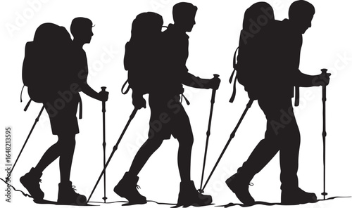 Silhouettes of Hikers Trekking with Backpacks and Poles Exploring Nature and Enjoying Outdoor Adventures in a Minimalist Black and White Design
