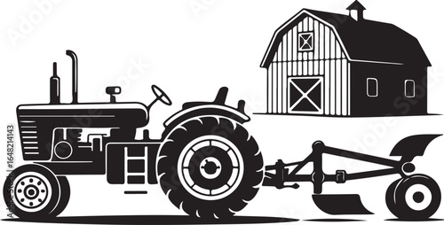 Vector illustration of a tractor with plow and barn representing agriculture farming and rural life on an american farm country landscape