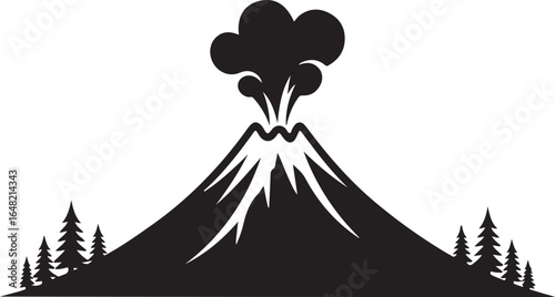 Volcano Eruption Silhouette with Forest Landscape a Striking Black and White Graphic Illustration for Nature Exploration and Geological Studies Depicting Power and Wilderness