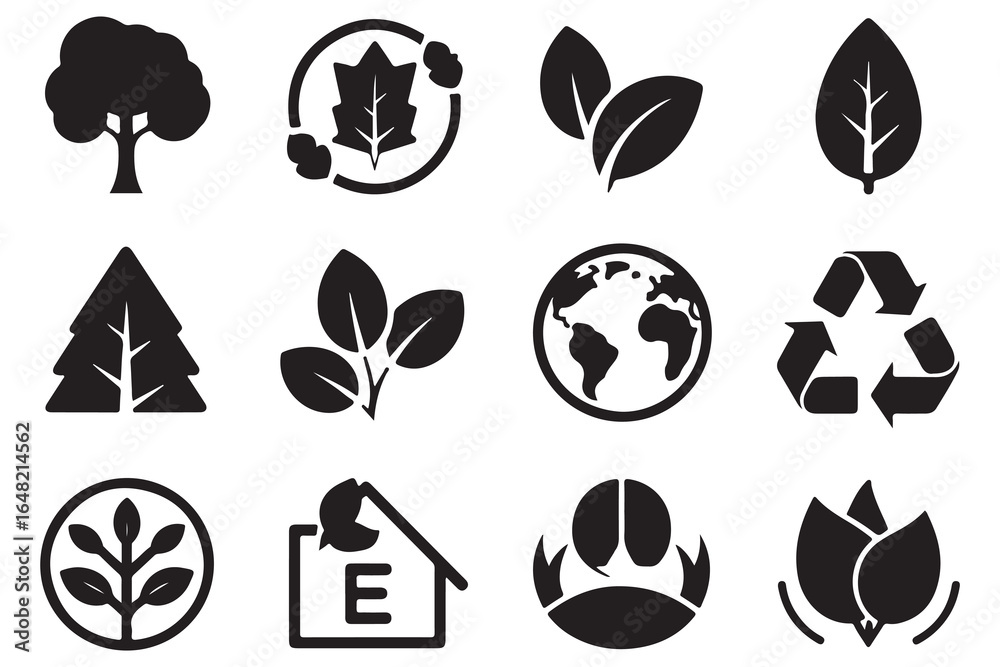 Fototapeta premium Environment silhouette icon collection of tree leaf globe recycle and eco sign isolated on white background 