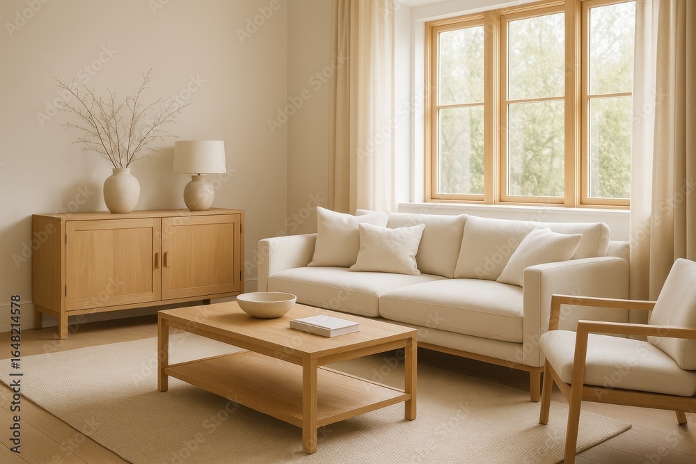 Fototapeta premium Scandinavian minimalist interior design featuring natural oak furniture and warm neutral color palette