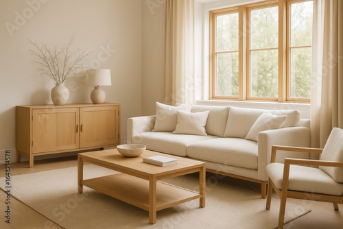 Wallpaper Mural Scandinavian minimalist interior design featuring natural oak furniture and warm neutral color palette Torontodigital.ca