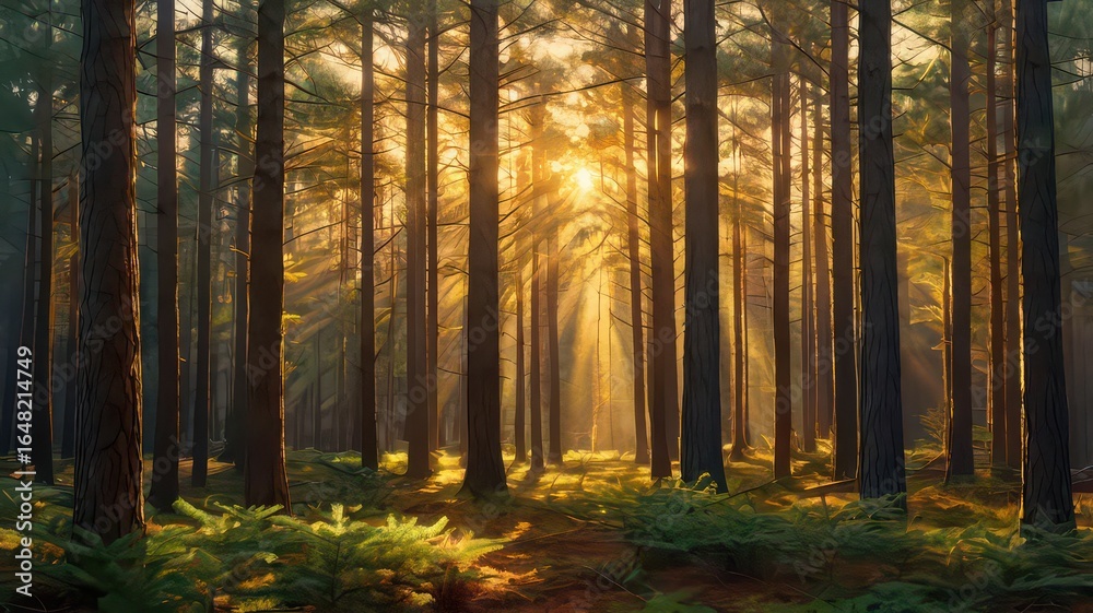 Fototapeta premium Sunlight streaming through tall trees in a dense forest with green foliage on the forest floor