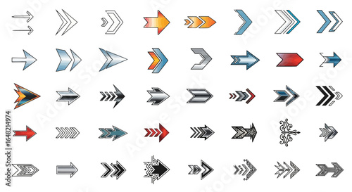 A diverse collection of stylized arrow icons pointing right, featuring various designs, colors, and effects on a white background.