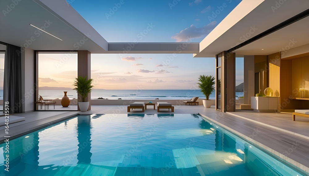 Fototapeta premium Luxury oceanfront villa with infinity pool at sunset