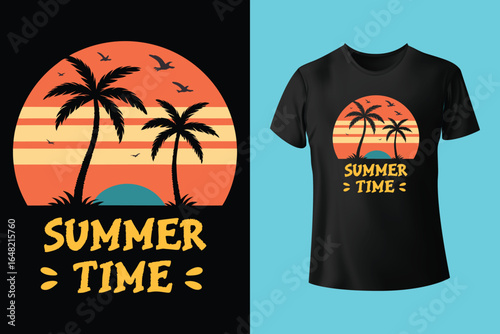 Colorful summer t-shirts on display at a vibrant store during sunny days.	