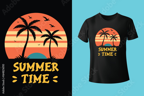 Colorful summer t-shirts on display at a vibrant store during sunny days.	