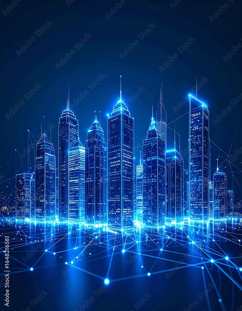 Fototapeta premium Abstract cityscape with glowing blue lines and connected nodes, illustrating smart city technology and digital networks.