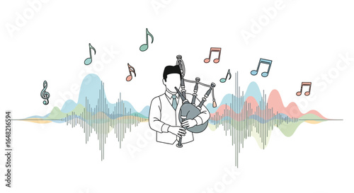 Illustration Art Vector of Bagpipe Player with Musical Notes and Sound Waves Modern Style