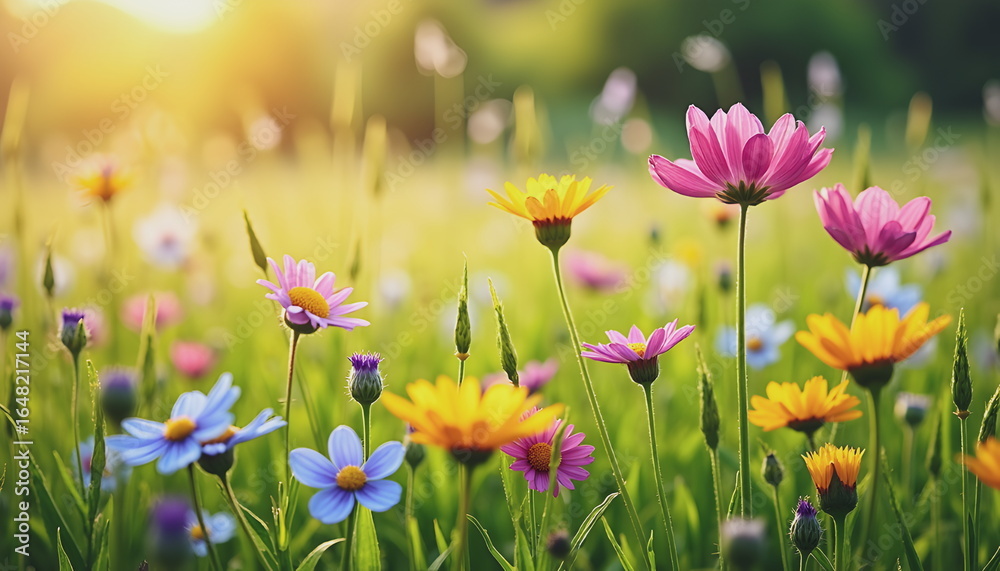 Obraz premium Colorful wildflowers in soft sunlight. Use for nature, wellness, seasonal, and gardening marketing.
