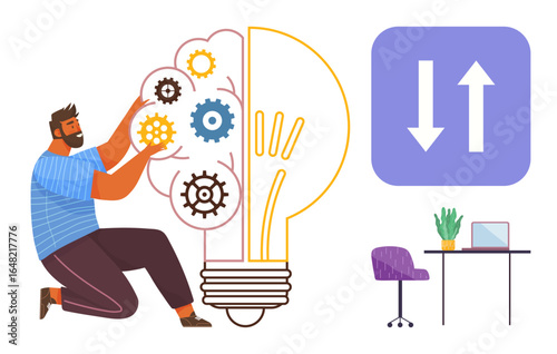 Man adjusting gears in half-open lightbulb, symbolizing innovation. Workspace with desk, laptop, plant, and growth icon. Ideal for teamwork, creativity, problem-solving progress technology
