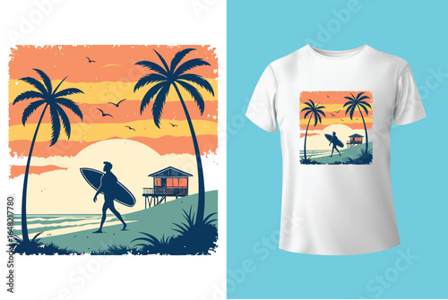 Colorful summer t-shirts on display at a vibrant store during sunny days.	