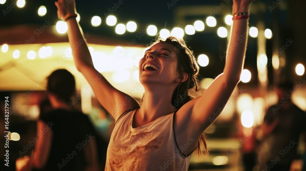 Fototapeta premium Night Festival Joy: A Woman's Ecstatic Celebration Under String Lights