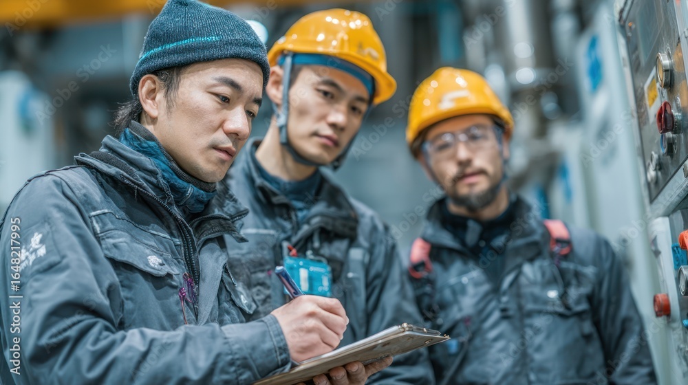 Fototapeta premium Teamwork and Precision: Industrial Engineers Collaborate on a Project