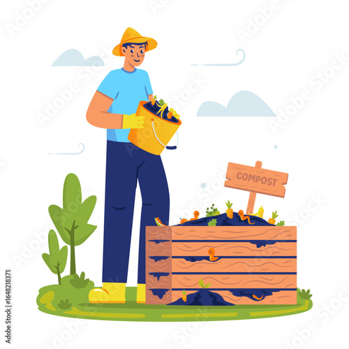 A man makes compost from organic waste vector illustration