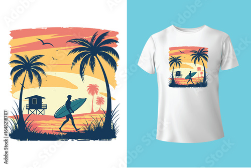 Colorful summer t-shirts on display at a vibrant store during sunny days.	