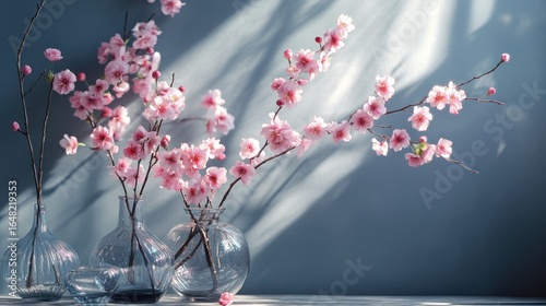 Pink cherry blossoms in glass vases, sunlit