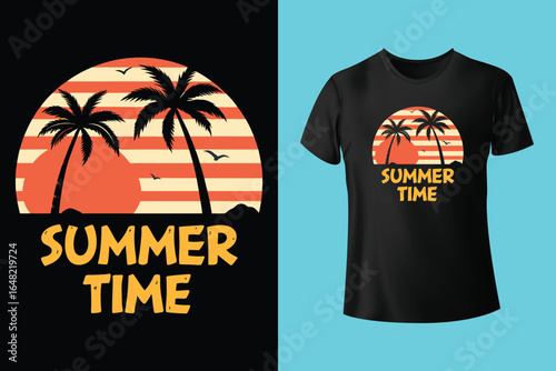 Colorful summer t-shirts on display at a vibrant store during sunny days.	