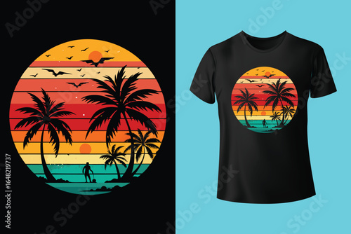 Colorful summer t-shirts on display at a vibrant store during sunny days.	