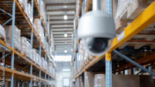Modern surveillance technology with vigilant security camera monitoring large warehouse aisle, ensuring business safety and property protection
