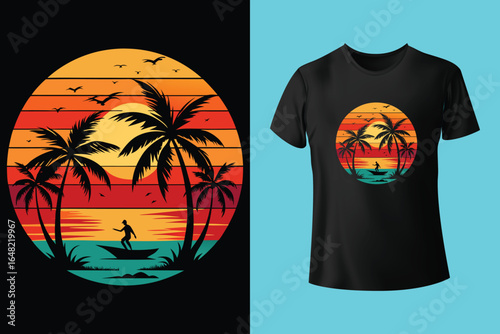 Colorful summer t-shirts on display at a vibrant store during sunny days.	