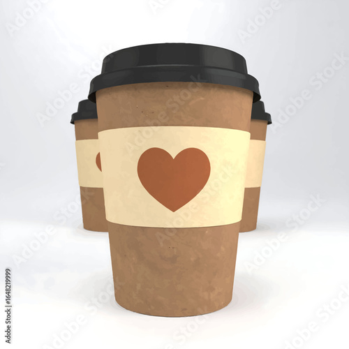 A trio of disposable paper coffee cups with a heart symbol sleeve, representing a love for coffee.