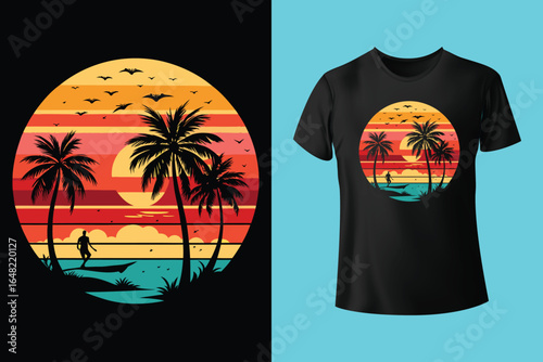 Colorful summer t-shirts on display at a vibrant store during sunny days.	