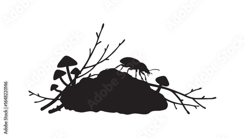 Silhouette of beetle on ground with mushrooms and branches vector illustration