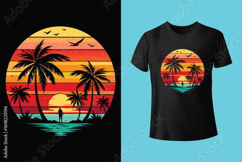 Colorful summer t-shirts on display at a vibrant store during sunny days.	