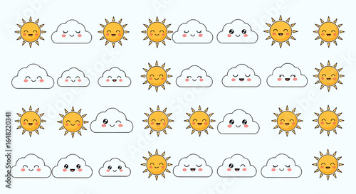Cute kawaii sun and cloud characters with expressive faces for weather concepts