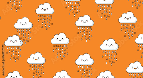 Cute kawaii cartoon clouds raining water drops on orange background