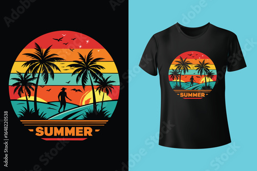Colorful summer t-shirts on display at a vibrant store during sunny days.	