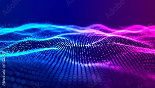 Undulating waves composed of glowing particles in blue and pink on a dark background, representing digital data.