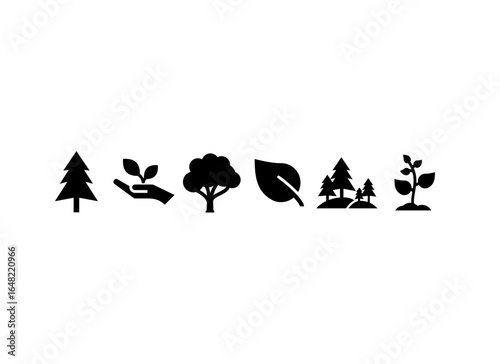 Set of black silhouette nature icons, including trees, seedlings, leaves, and plants. Minimalist vector style, symbolizing environment, sustainability, ecology, and green living.