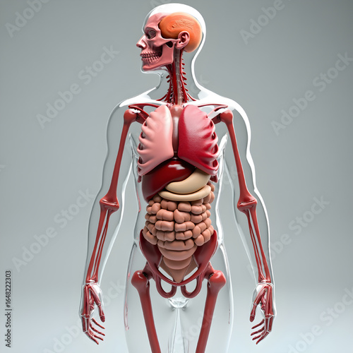 Transparent Human Anatomy Figure in Left Profile — Detailed Skeletal, Muscular, and Internal Organs Visualization for Medical Education and Healthcare Reference on Gradient Background