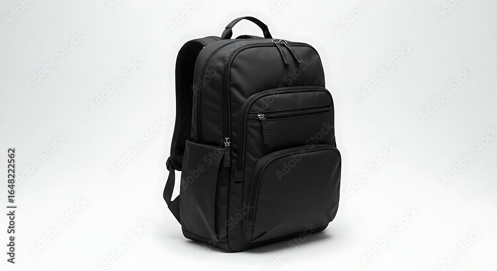 Naklejka premium Stylish travel backpack with multiple compartments, isolated on pure white background, clean professional product photography, ideal for e-commerce, branding, advertising, and outdoor lifestyle catalo