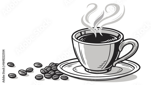 Freshly brewed coffee cup with steam and roasted coffee beans vector illustration for coffee lovers design 100