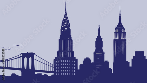 New york city skyline vector illustration with famous buildings and brooklyn bridge design for travel posters