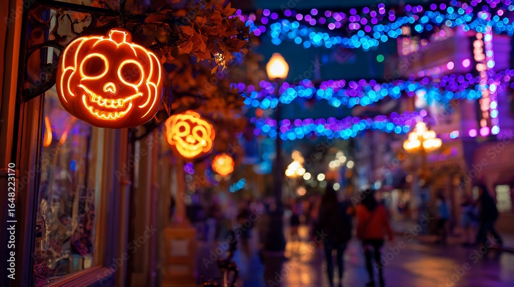 Obraz premium Halloween decorations with glowing pumpkins in a festive, blurred street